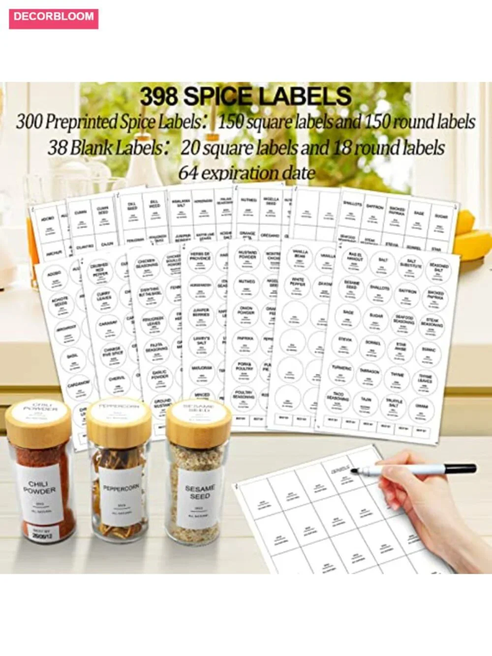 24 Pc Glass Spice Jars with Bamboo Lids, 398 Labels, Shaker Funnel Set